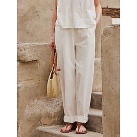 55% Linen Women's Pants White Pocket Linen Slacks Basic Breathable Trousers Modern Regular Fit Summer Spring