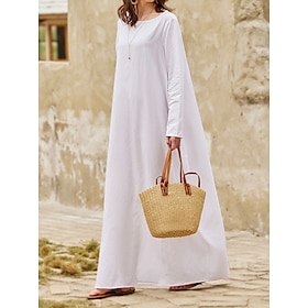 55% Linen Women's White Linen Dress Plain Breathable Crew Neck Pocket Comfortable Maxi Dress Long Sleeve Loose Summer Spring