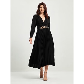 Satin Pleated Belted Maxi Dress