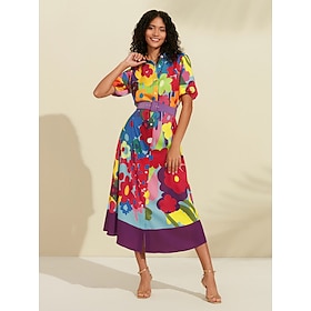 Satin Rainbow Floral Print Belted Midi Shirt Dress