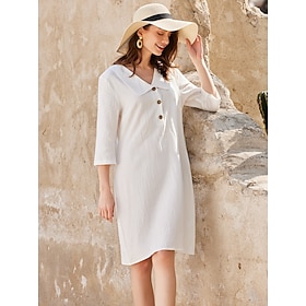 Women's Casual Dress Cotton Linen Dress Mini Dress Basic Basic Daily Vacation Shirt Collar 3/4 Length Sleeve Summer Spring White Plain