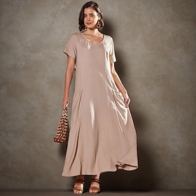 Women's Linen Maxi Dress Casual Breathable Short Sleeve Pocket Summer Spring 2024 Spring