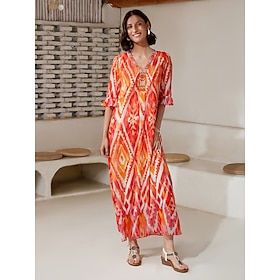 Chiffon Ethnic Print V Neck Midi Dress