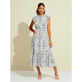 Chiffon Floral Cap Sleeve Swing Tied Neck Midi Dress