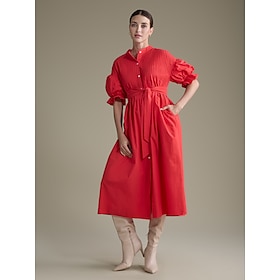 Cotton Solid Henley Collar Belted Maxi Dress