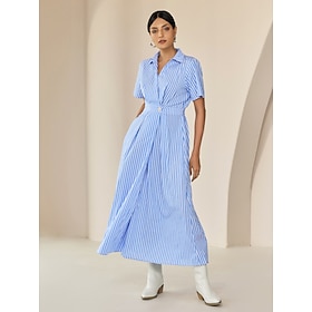 Cotton Striped Fold-over Collar Casual Shirt Maxi Dress