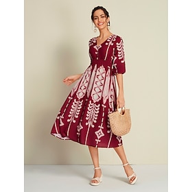 Folk Print Brick Red Half Sleeve V Neck Midi Dress