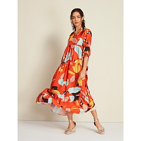 Satin Boho Floral Half Sleeve Y Neck Maxi Dress