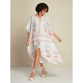 Satin Kaftan Plant Print Half Sleeve Midi Shirt Dress