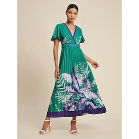 Satin Pleated Floral V Neck Maxi Dress