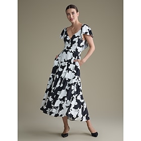 Tencel Cotton Floral V Neck Elastic Waist Maxi Dress