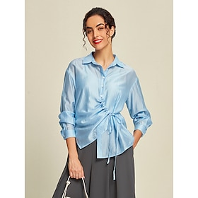 Tencel Drawstring Drop Shoulder Long Sleeve Shirt