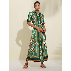 Women's Shirt Dress Maxi Dress Green Short Sleeve Geometic Button Up Belted Summer Lapel Dresses S M L