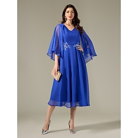 Chiffon half Cape Sleeve Elegant Midi Dress