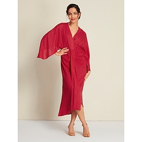 Red Linen Long Sleeve V Neck Midi Party/Wedding Guest Dress dress to impress 2024