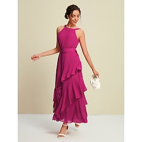 Rose Red Chiffon Party/Wedding Guest Sleeveless Ruffle Solid Maxi Party Dress dress to impress 2024